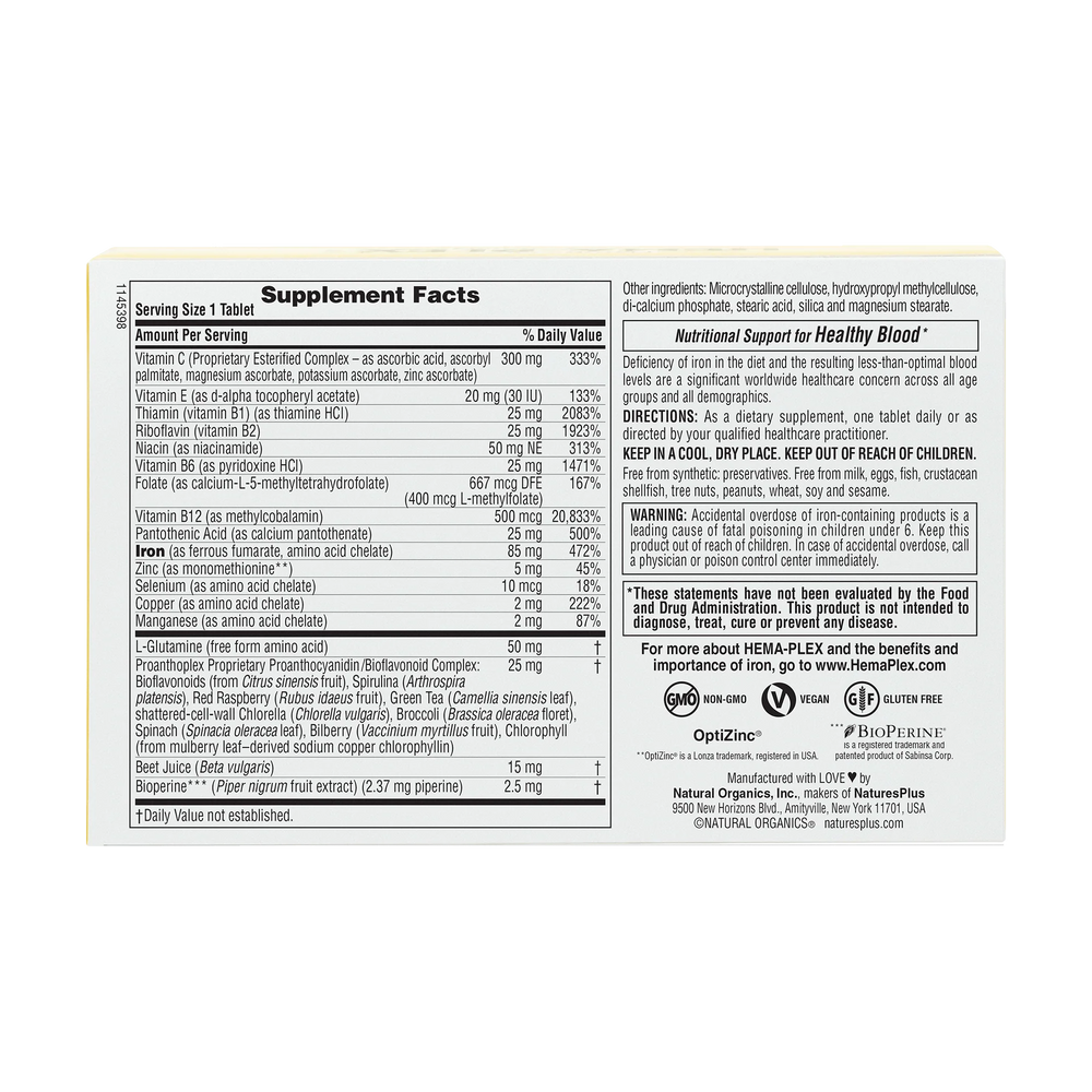 Supplement Facts for Natures Plus Hema-Plex Iron - 30 Tablets