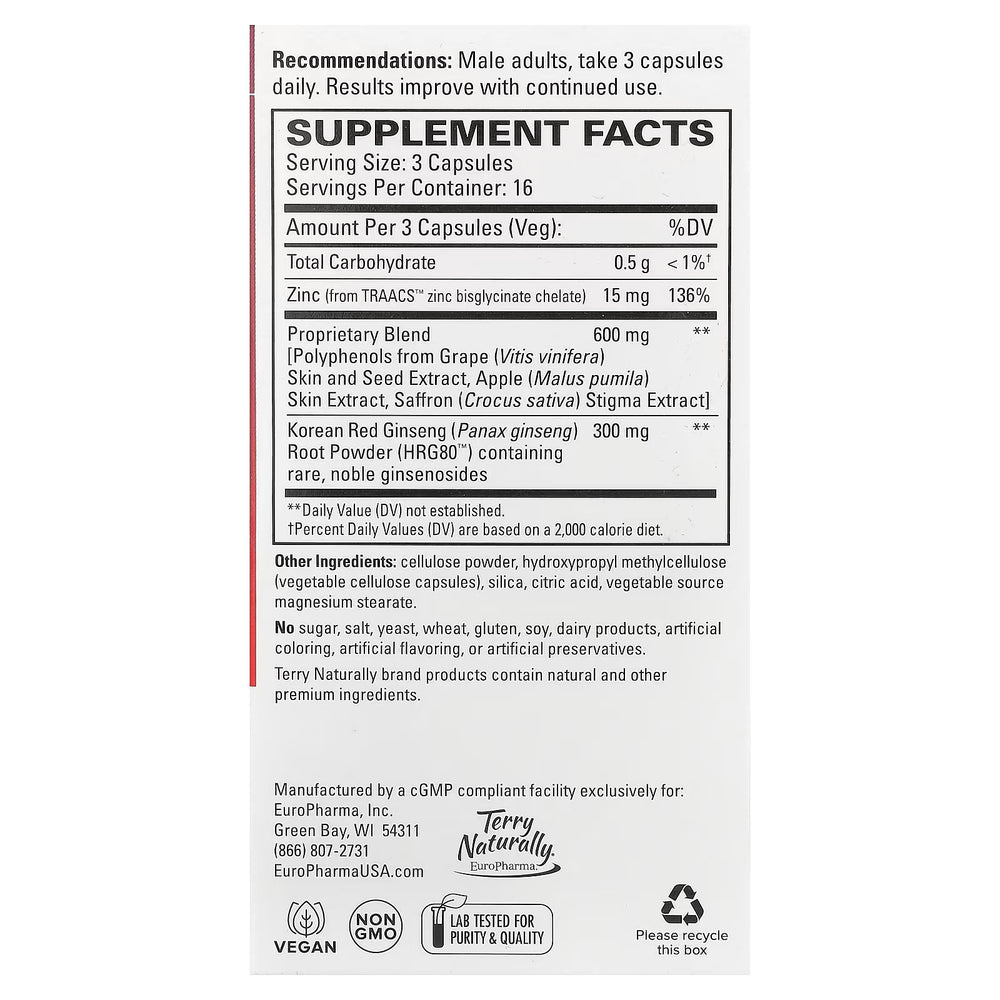 Supplement Facts for Terry Naturally Red Ginseng Male Sexual Enhancement - 48 capsules