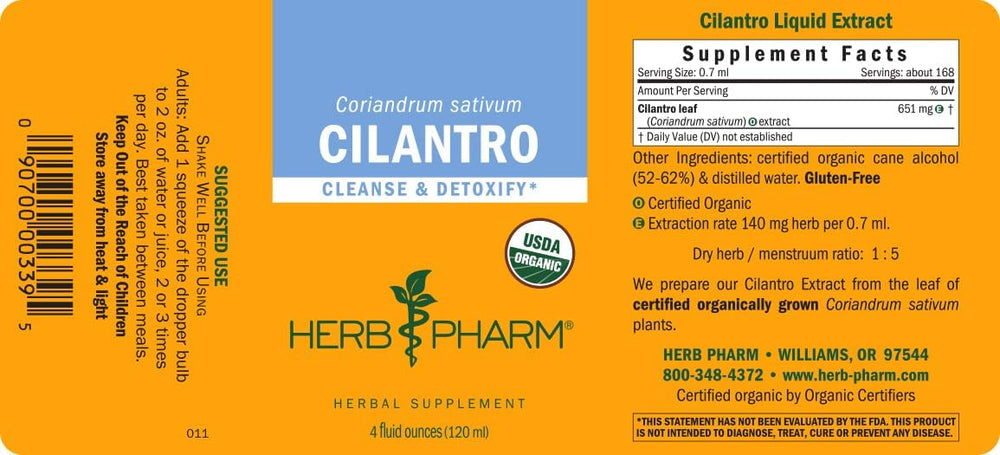 Supplement Facts for Herb Pharm Cilantro - 4oz