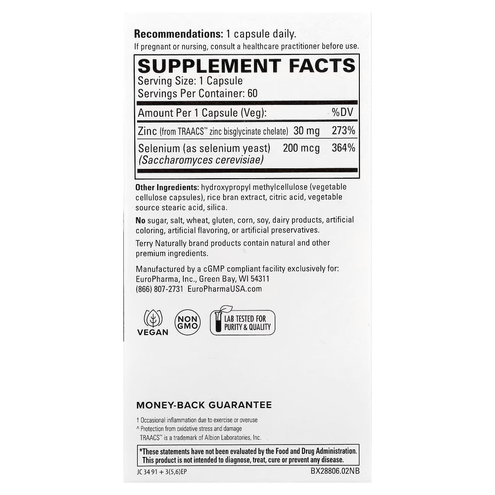 Supplement Facts for Terry Naturally Zinc Plus Selenium - 60 capsules
