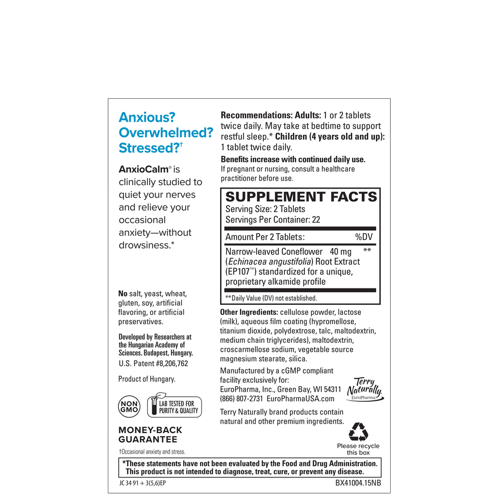 Supplement Facts for Terry Naturally AnxioCalm Tablets
