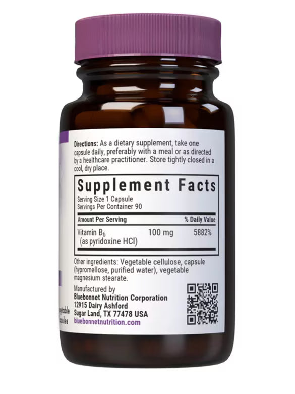 Supplement Facts for Bluebonnet Vitamin B6, 100mg, 90 caps
