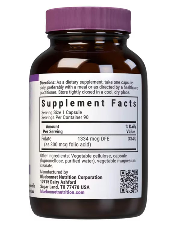 Supplement Facts for Bluebonnet Folic Acid 800 mcg, 90 caps