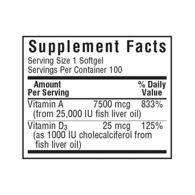 Supplement Facts for Bluebonnet Vitamin A & D3, 7500 mcg/ 25 mcg, 100 softgels