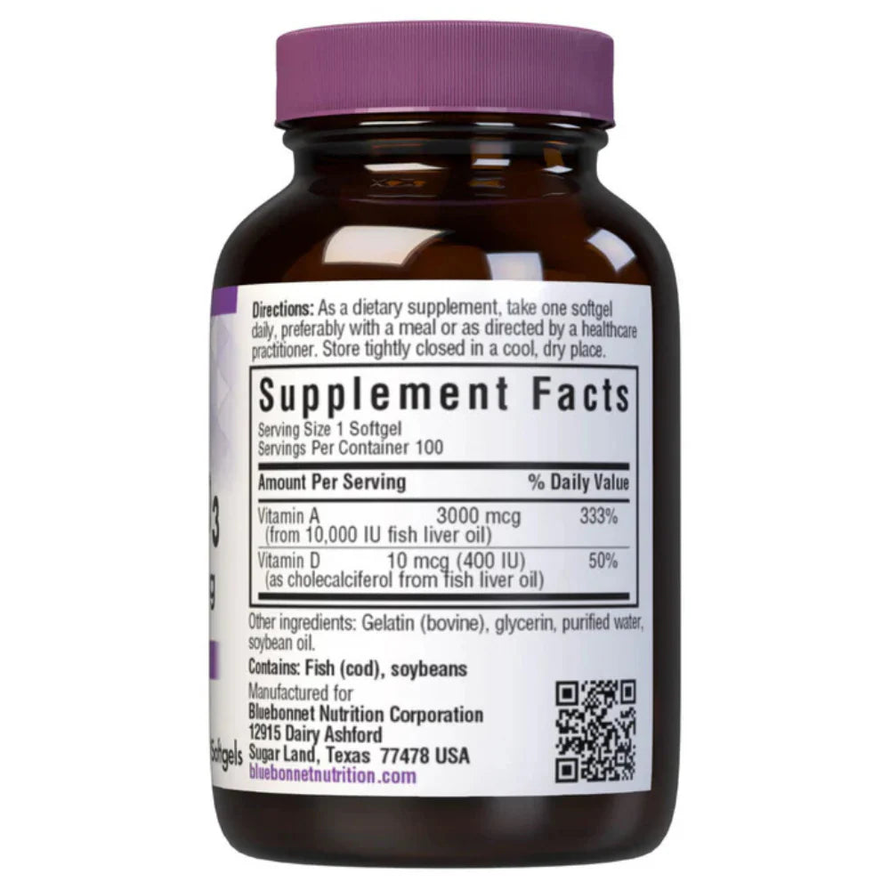 Supplement Facts for Bluebonnet Vitamin A & D3, 3000 mcg/ 10 mcg, 100 softgels