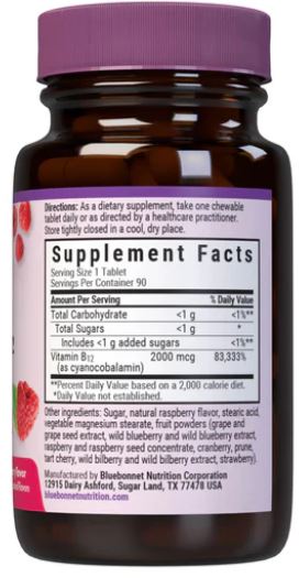 Supplement Facts for Bluebonnet Vitamin B12, 2000 mcg, 90 chewable tablets
