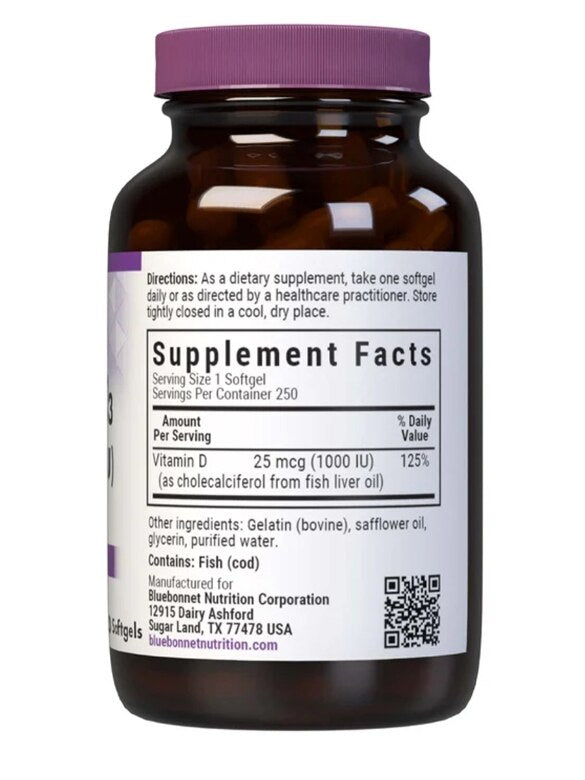 Supplement Facts for Bluebonnet Vitamin D3, 25 mcg (1000 IU), 250 softgels