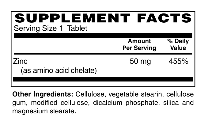 Supplement Facts for Nature's Finest Chelated Zinc 50mg - 100 Tablet
