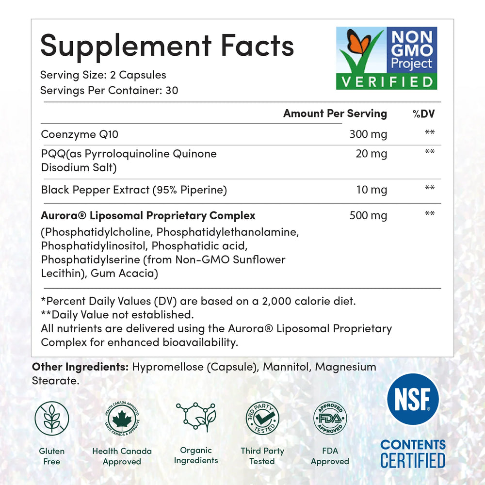 Supplement Facts for Aurora Liposomal CoQ10/PQQ - 60 Capsules