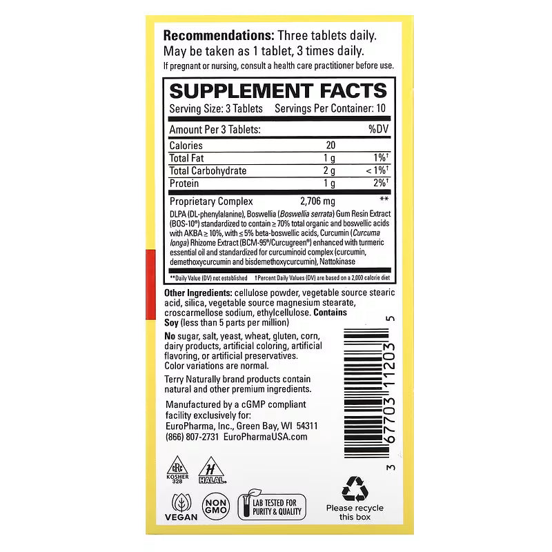 Supplement Facts for Terry Naturally Curamin Extra Strength Tablets