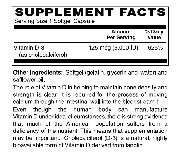 Supplement Facts for Nature's Finest Vitamin D3 5,000 IU