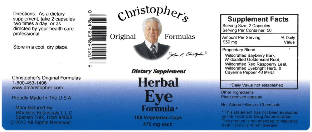 Supplement Facts for Dr. Christopher's Herbal Eye - 100 Veg Caps