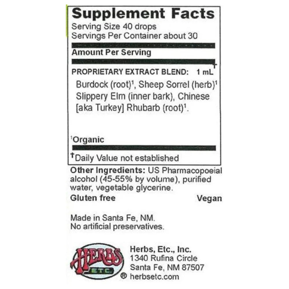 Supplement Facts for Herbs Etc. Essiac Tonic
