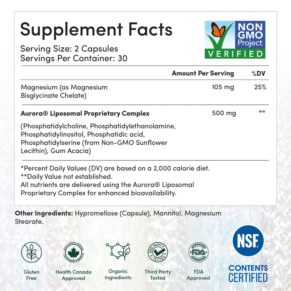 Supplement Facts for Aurora Liposomal Magnesium Bisglycinate - 60 Capsules