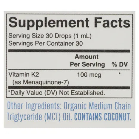 Supplement Facts for Mary Ruth's Vegan K2 MK7 Organic Liquid Drops, 1 fl. oz.