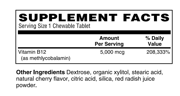 Supplement Facts for Nature's Finest Methyl B-12 5,000mcg - 60 Cherry Chewables