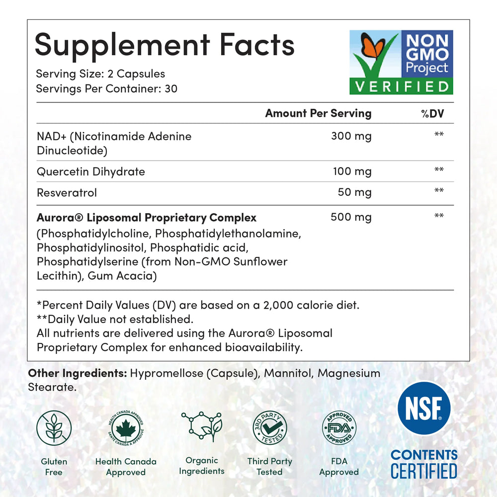 Supplement Facts for Aurora Liposomal NAD+ w/ Resveratrol - 60 Capsules