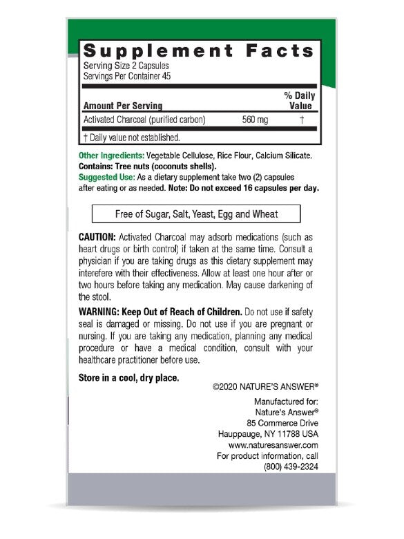 Supplement Facts for Nature's Answer Charcoal - 90 Veg Caps