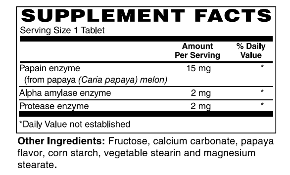 Supplement Facts for Nature's Finest Papaya Enzyme Chewables