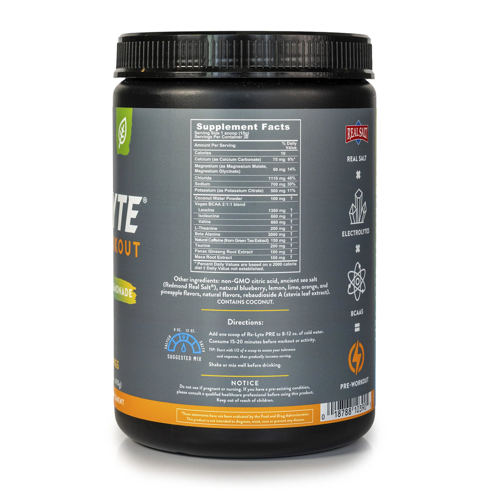 Supplement Facts for Re-Lyte Pre-Workout Electrolyte Powder 30 Servings
