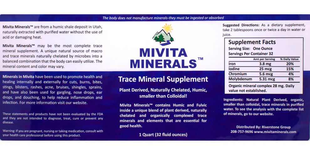 Supplement Facts for Mivita Minerals 32 oz bottle