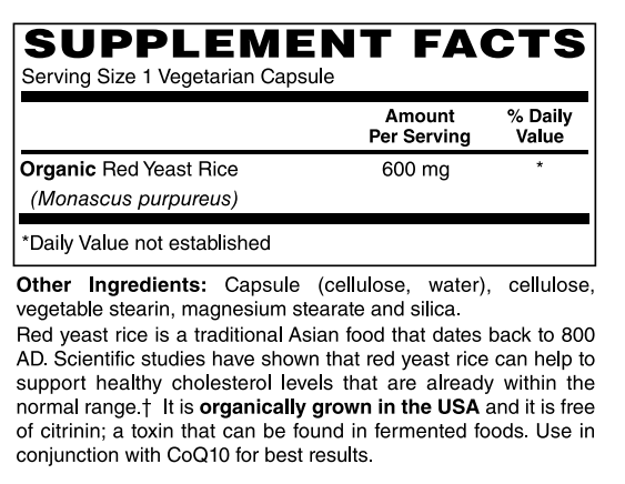 Supplement Facts for Nature's Finest Red Yeast Rice 600mg - 120 Tablet