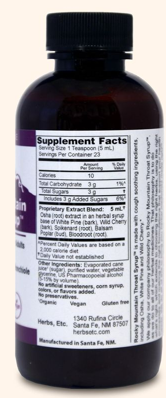 Supplement Facts for Herbs Etc. Rocky Mountain Throat Syrup