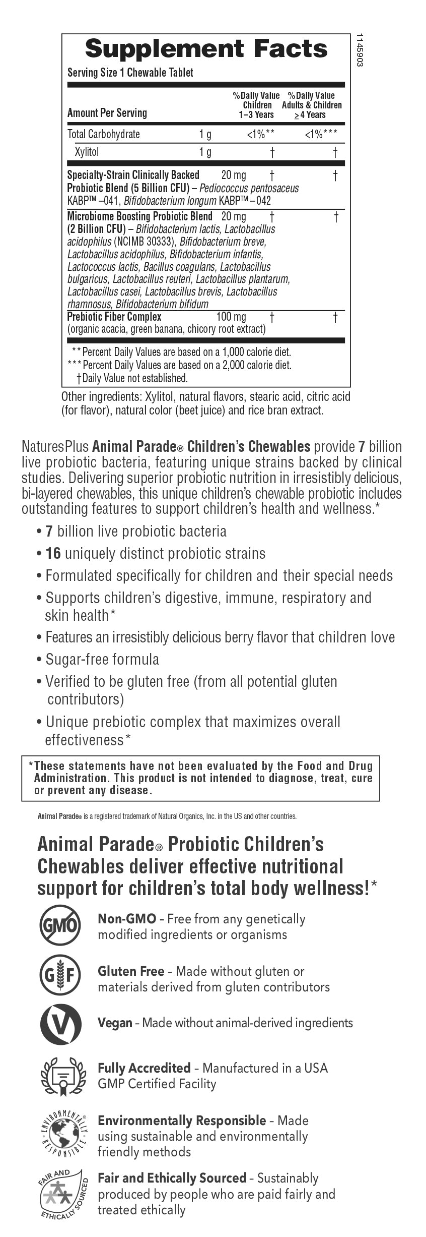 Supplement Facts for Natures Plus Animal Parade Kids Probiotic - 30 Chewable Tablets