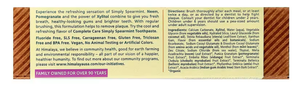 Supplement Facts for Himalaya Botanique Complete Care Toothpaste, Simply Spearmint