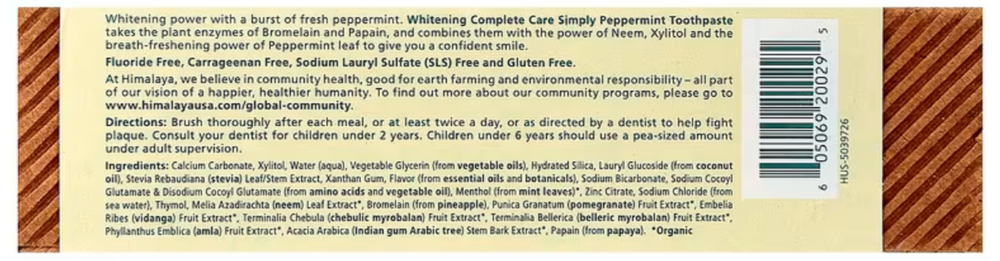 Supplement Facts for Himalaya Botanique Complete Care Whitening Toothpaste, Simply Peppermint