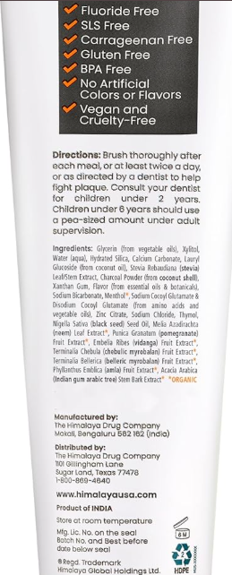 Supplement Facts for Himalaya Botanique Charcoal + Black Seed Oil Whitening Toothpaste, Mint