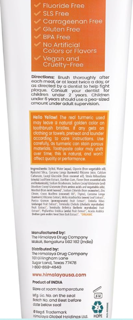 Supplement Facts for Himalaya Botanique Turmeric + Coconut Oil Whitening Toothpaste, Mint