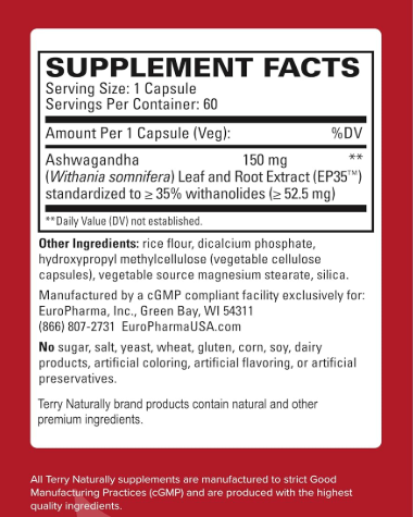 Supplement Facts for Terry Naturally Ashwagandha EP35 Extra Strength - 60 capsules