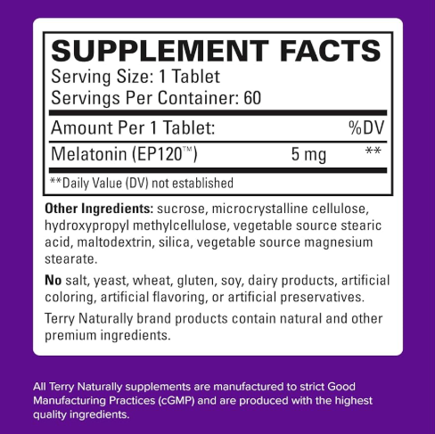 Supplement Facts for Terry Naturally Melatonin EP120, 5 mg. - 60 tablets