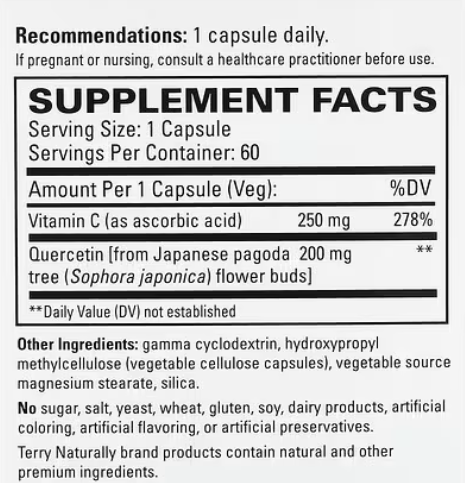Supplement Facts for Terry Naturally Quercetin With Vitamin C - 60 capsules