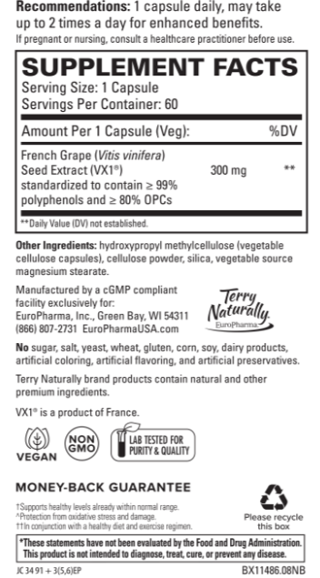 Supplement Facts for Terry Naturally Clinical OPC French Grape Seed Extract VX1, 300 mg. - 60 capsules