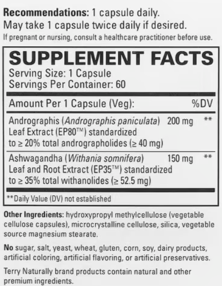 Supplement Facts for Terry Naturally Andrographis and Ashwagandha - 60 capsules
