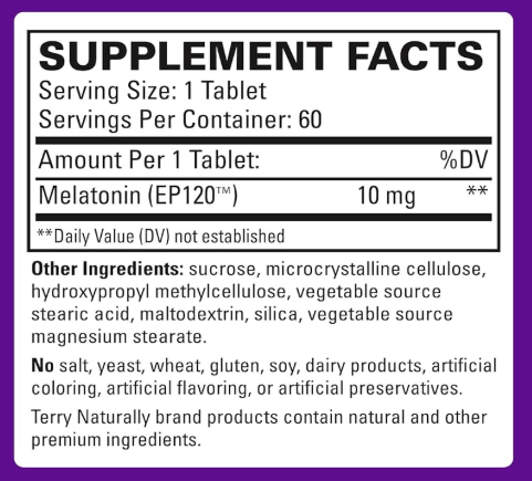 Supplement Facts for Terry Naturally Melatonin EP120, 10 mg. - 60 tablets