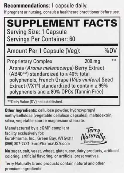 Supplement Facts for Terry Naturally Aronia Berry Complex - 60 capsules