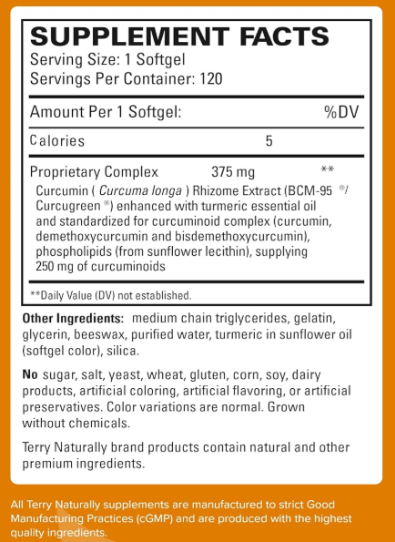 Supplement Facts for Terry Naturally CuraMed 375 mg Curcumin Complex - 60 softgels
