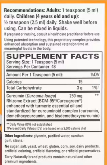 Supplement Facts for Terry Naturally CuraMed Syrup 250 mg Curcumin Complex - 8 oz.