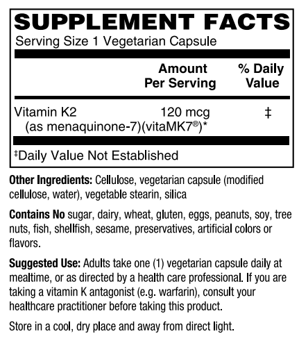 Supplement Facts for Nature's Finest Vitamin K2 120mcg - 60 Capsules