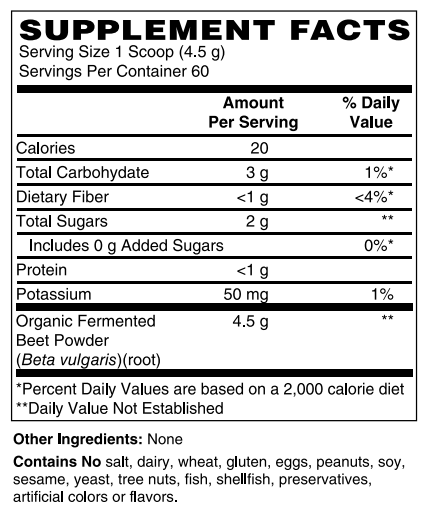 Supplement Facts for Nature's Finest Organic Fermented Beet Root Powder - 60 Servings