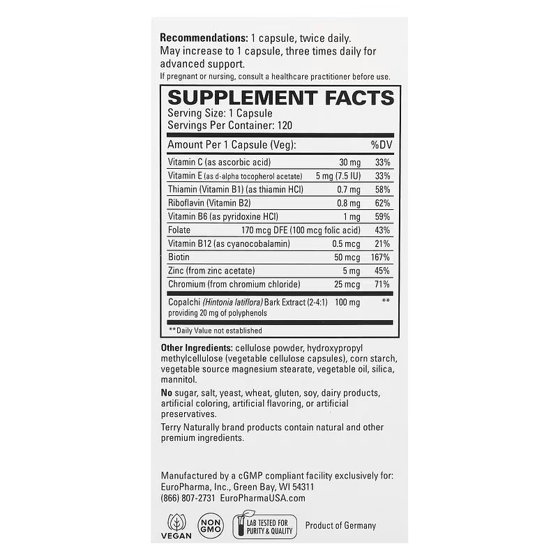 Supplement Facts for Terry Naturally Sucontral-D Blood Sugar Balance Capsules