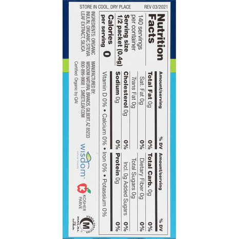 Supplement Facts for SweetLeaf Organic Stevia - 70 Packets