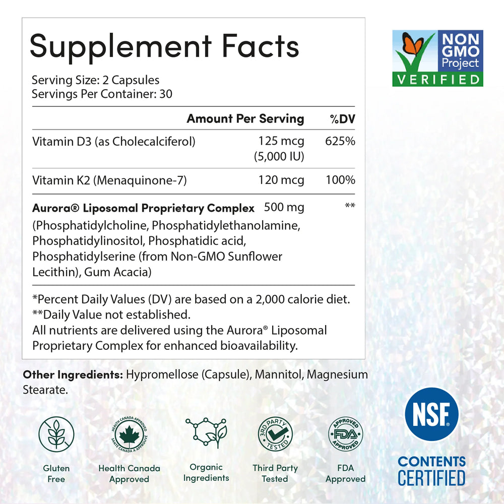 Supplement Facts for Aurora Liposomal Vitamin D3/K2 - 60 Capsules