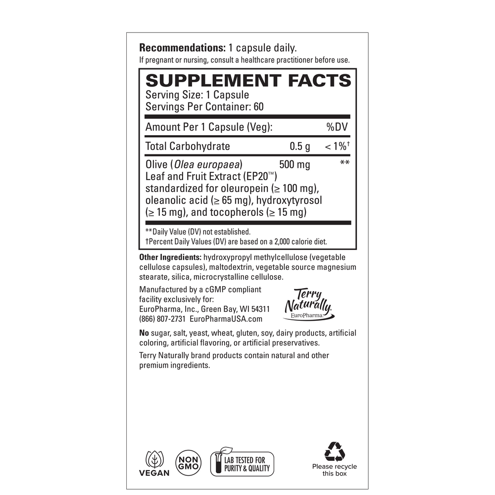 Supplement Facts for Terry Naturally Olive Extract EP20 - 60 Capsules