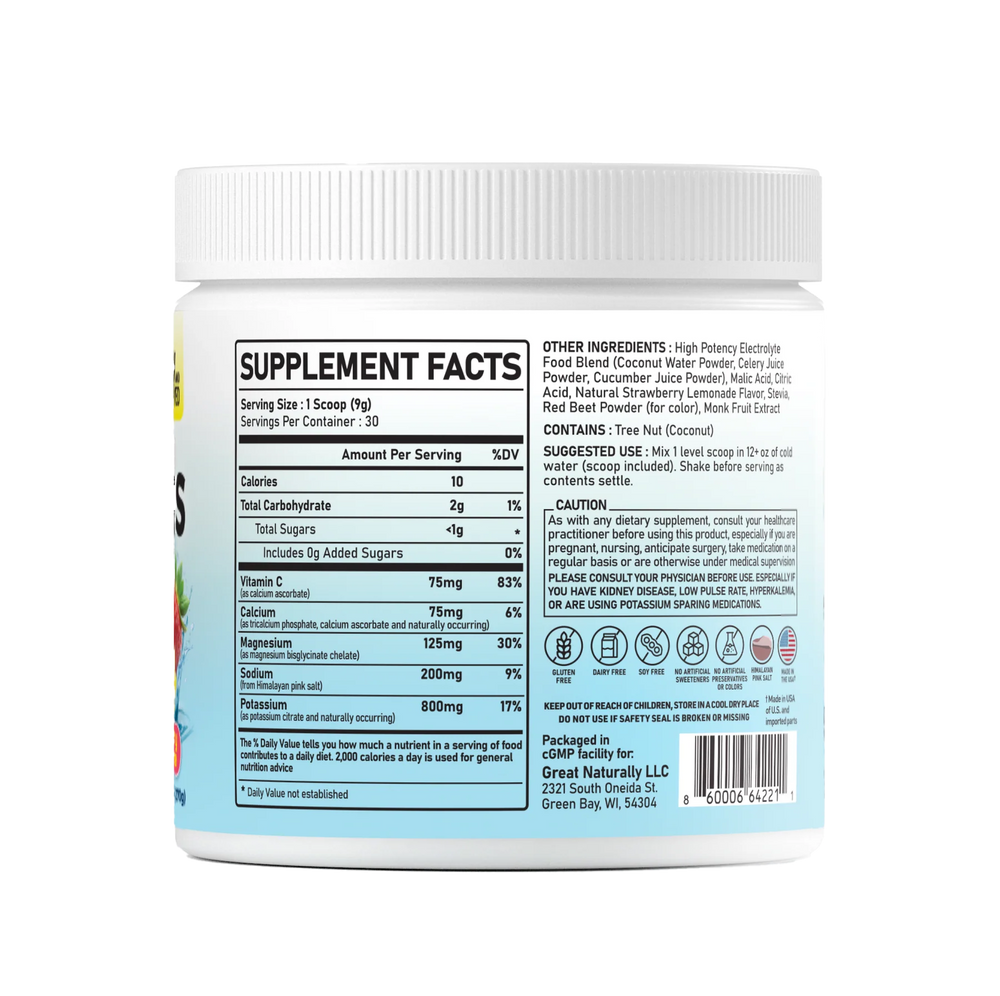 Supplement Facts for Great Naturally Real Electrolytes Strawberry Lemonade - 9.63oz