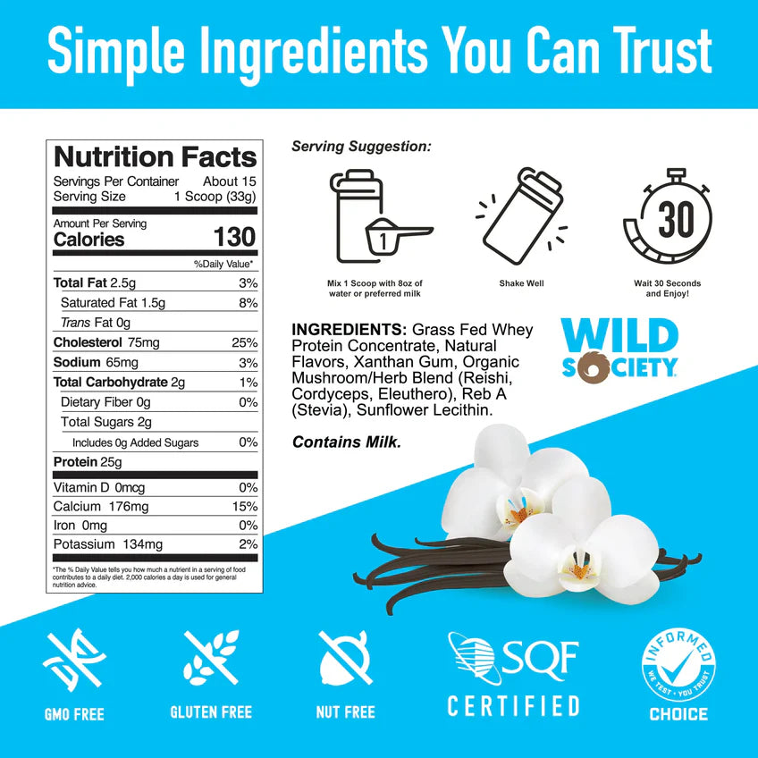 Supplement Facts for Wild Society Vanilla Whey Protein with Superfood Mushrooms